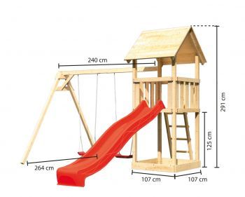 Dětský domek KARIBU LOTTI 89346   červená skluzavka   houpačka