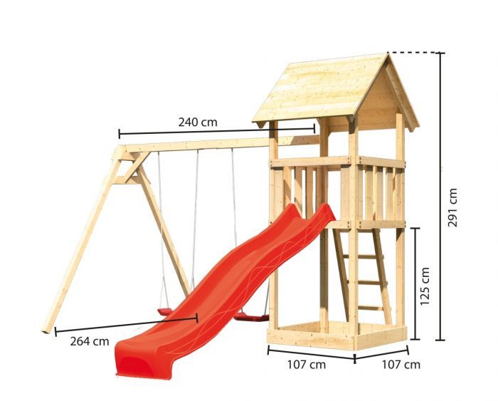 Dětský domek KARIBU LOTTI 89346   červená skluzavka   houpačka