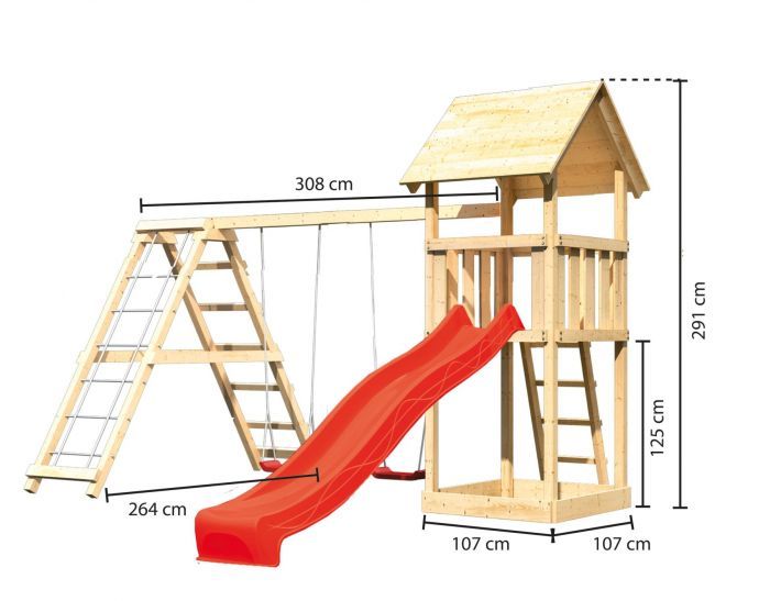 Dětský domek KARIBU LOTTI 89350   červená skluzavka   houpačka   žebřík